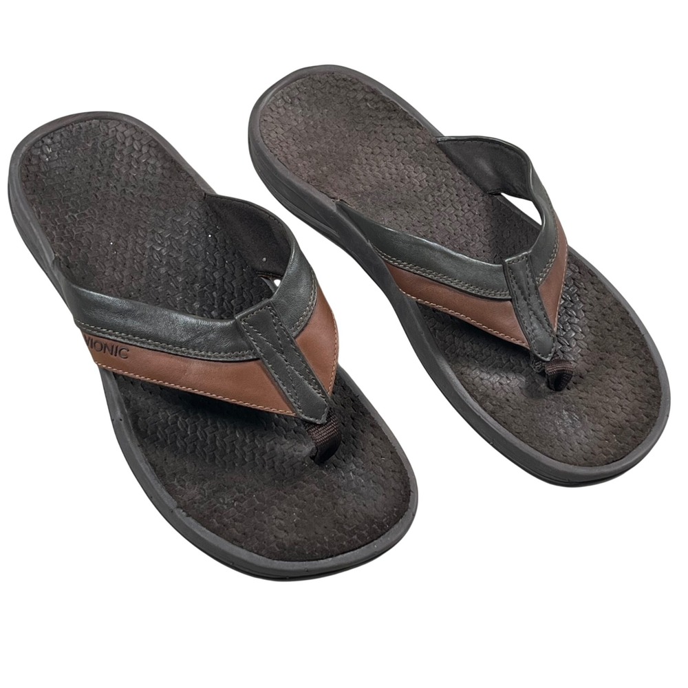 Vionic Joel Flip Flop Sandals Men 8 Brown Black Leather Orthotic Arch Support